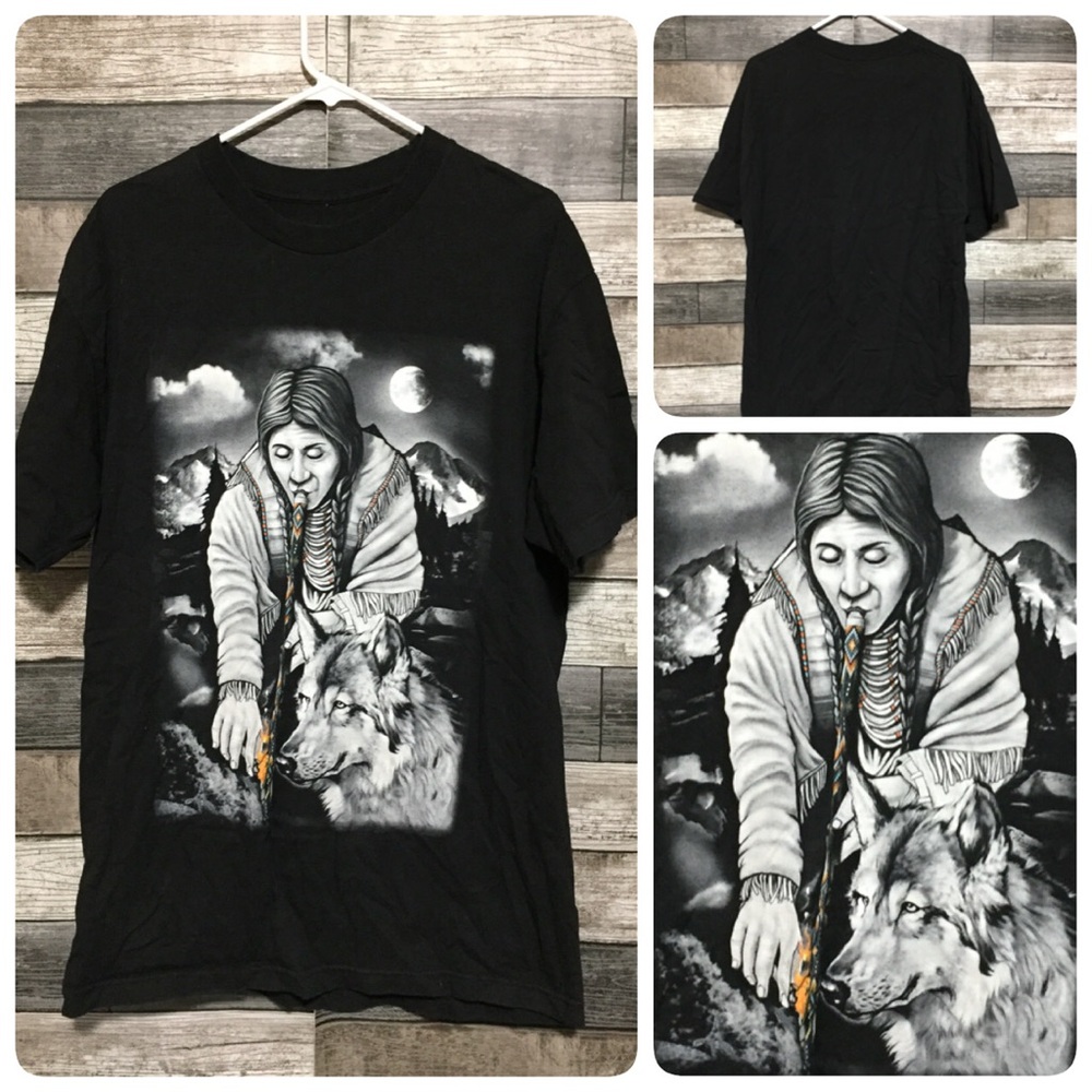 Unbranded Native American Peace Pipe Wolf T Shirt Men’s L Black Crewneck (READ)